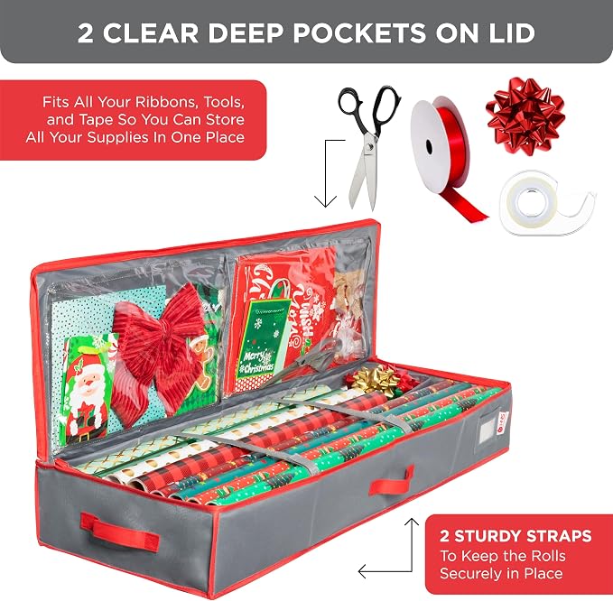 HOLDN’ STORAGE Premium Wrapping Paper Storage Container, Grey/Red Trim | Durable 600D Tear-Proof, Fits 27 Rolls Gift Wrap, Extra Pockets for Ribbons & Bows, Underbed Storage