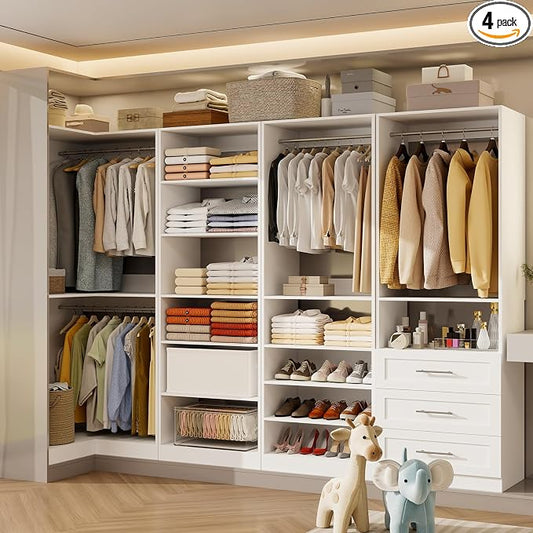 Closet System with 3 Drawers, 8FT Closet Organizer System with Adjustable Shelves & Expandable Hanging Rods, Corner Closet Storage Organizer, Modular Closet System for Walk-in Closet with 4 Sets,White
