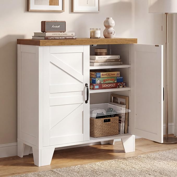Heybly Modern Farmhouse Shoe Cabinet with Doors, Entryway Storage HSC001WWB | Adjustable Shelves, Hidden Shoe Storage, Versatile Entryway Cabinet Furniture with Thick Top, Reinforced Legs, Walnut-White