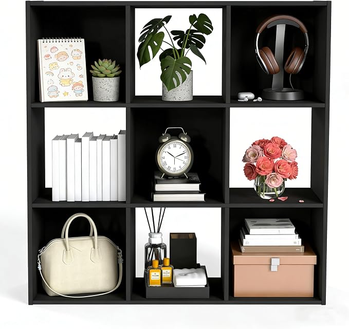 Simple Deluxe 9 Cube Storage Organizer, 3 Tier Stackable Bookshelf, Open Cube Bookshelf with 5 Removable Back Panels, Suitable for Living Room, Bedroom, Home Office, 36" L X 11.6" W X 36" H, Black