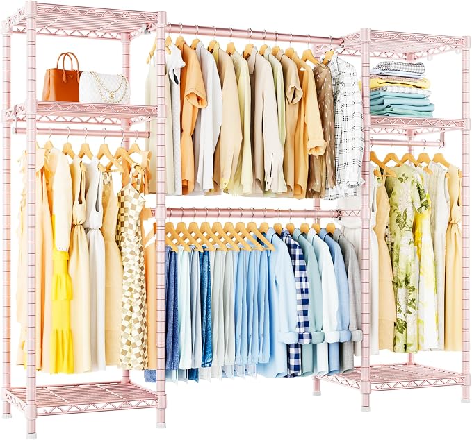 Ulif E7 Garment Rack, Heavy Duty Clothes Storage System with Extendable Hangers Rods, Metal Clothing Rack with 6 Wire Shelves, (52.3"-72") W x 14.5" D x 71.2" H, Load 838lbs, Pink | Metal Clothing Rack with 6 Wire Shelves, Freestanding Portable Closet ...