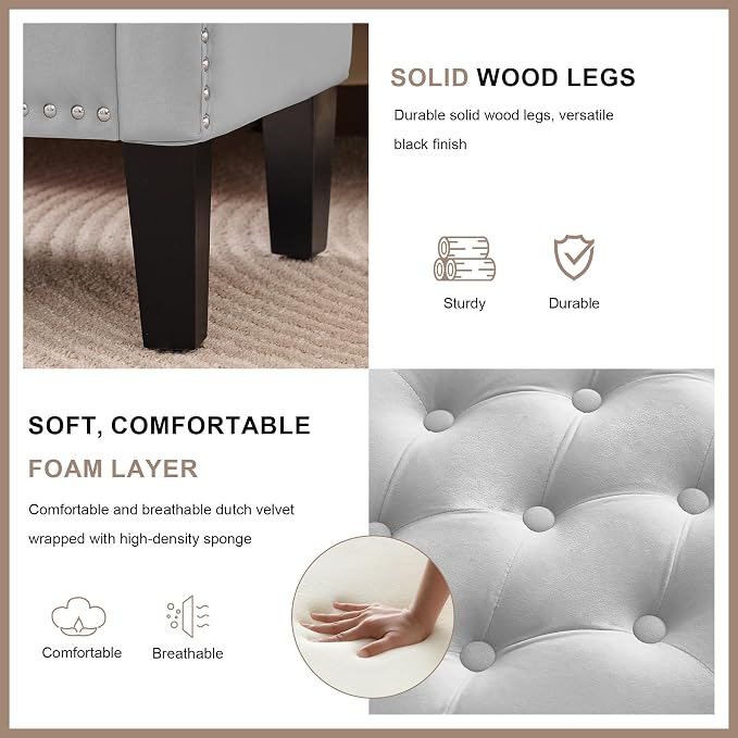 Storage Ottoman Bench, Velvet Upholstered Footstool for Bedroom and Living Room, Tufted Seat with Storage, Wooden Legs & Metal Rivets, Grey