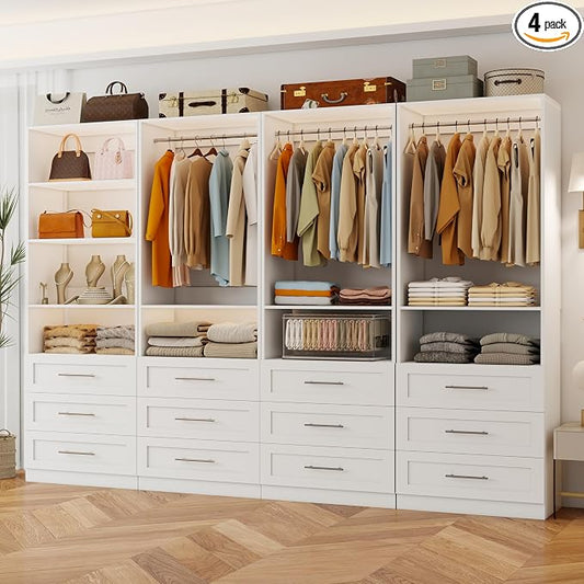 Closet System with 12 Drawers, 8FT-21FT Closet Organizer System | Walk-in Modular Closet Storage Systems with 7 Shelves, 7 Expandable Hanging Rods, 4 Sets, Engineer Wood