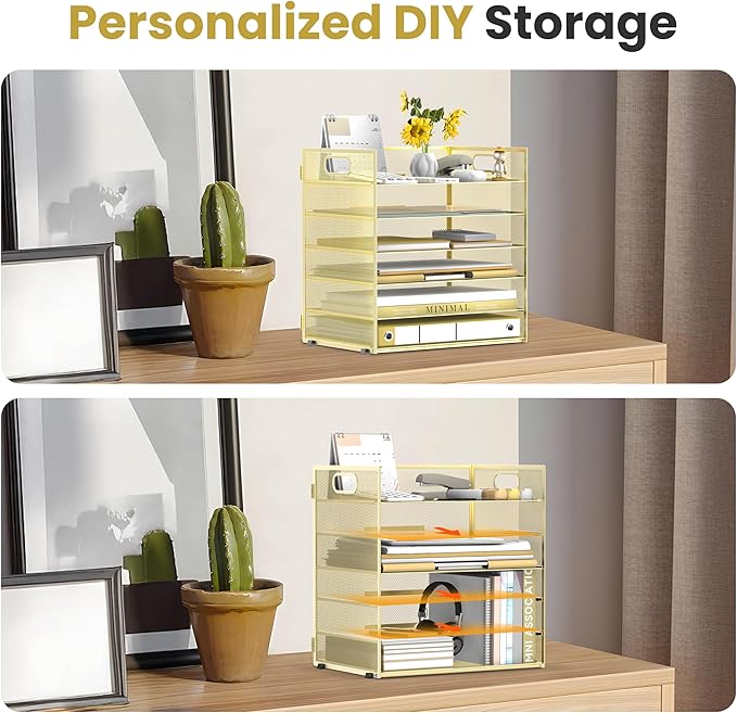 Daltack 6-Tier Paper Organizer for Desk with Handle, Gold | Sturdy Metal Mesh Organizer with Movable Middle Trays and a Carry Handle for Papers, Folders and Office Supplies