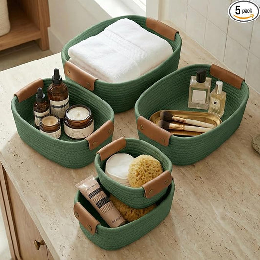 Beautiful Storage Basket Set of 5 - Sturdy Cotton Rope Baskets for Shelves Are Perfect for Organizing Your Home - Quality Storage Bins Easily Fit With Any Nursery or Bedroom Decor