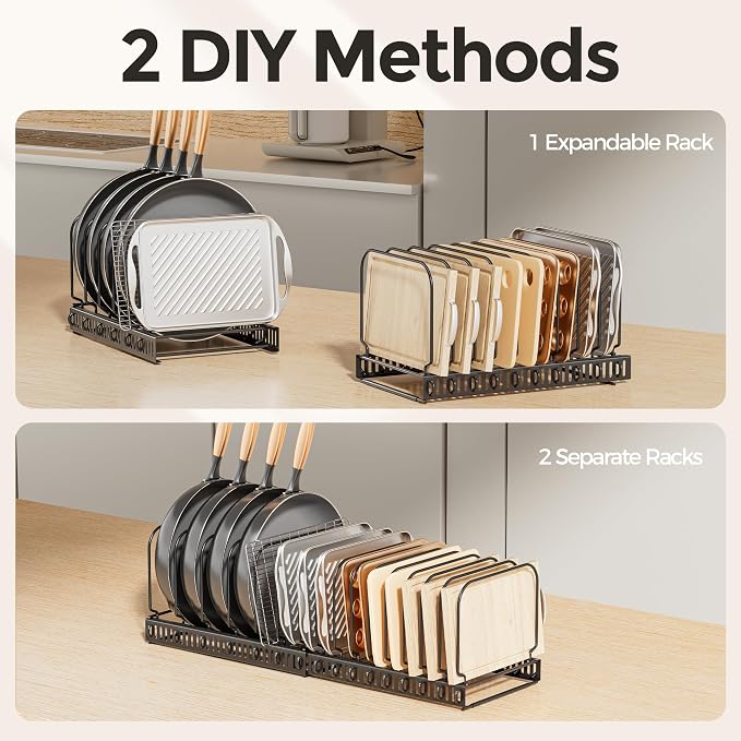 MUDEELA Expandable Cutting Board Organizer Pot Lids Rack 15 Dividers 1-Pack | Expandable Pots and Pans Organizer under Cabinet, 15 Adjustable Dividers, Fits Bakeware Cookie Sheet Baking Tray Muffin Tin