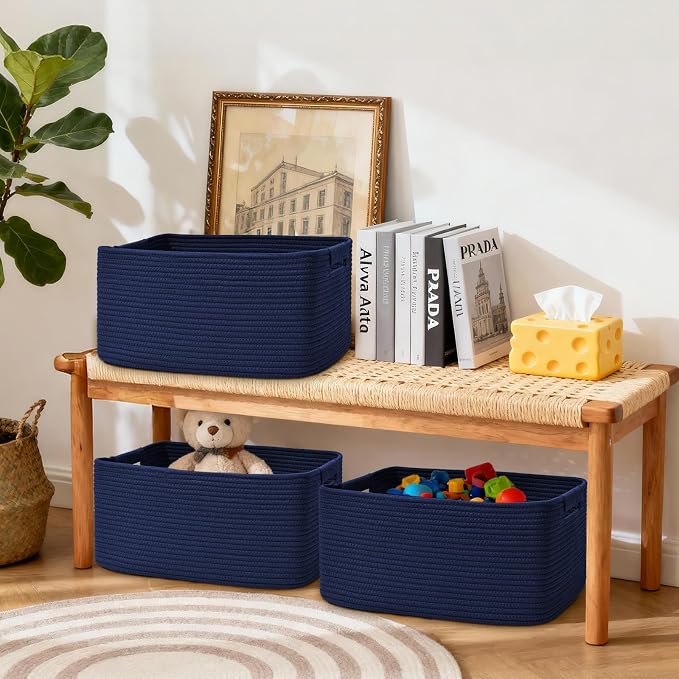 2 Pack Large Storage Basket for Organizing, 17.5"x13"x7" Woven Basket for Shelves, Closet Cube Storage Bins with Wrapped Handle, Cotton Rope Baskets for Kitchen, Clothes, Toys(Navy Blue)