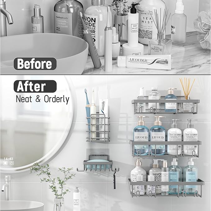 Liuoud 5 Pack Shower Caddy Organizer Rack Shelf for Inside Shower, Self Adhesive Bathroom Wall Storage Basket Rustproof Stainless Steel Large Capacity Shampoo Holder, Grey