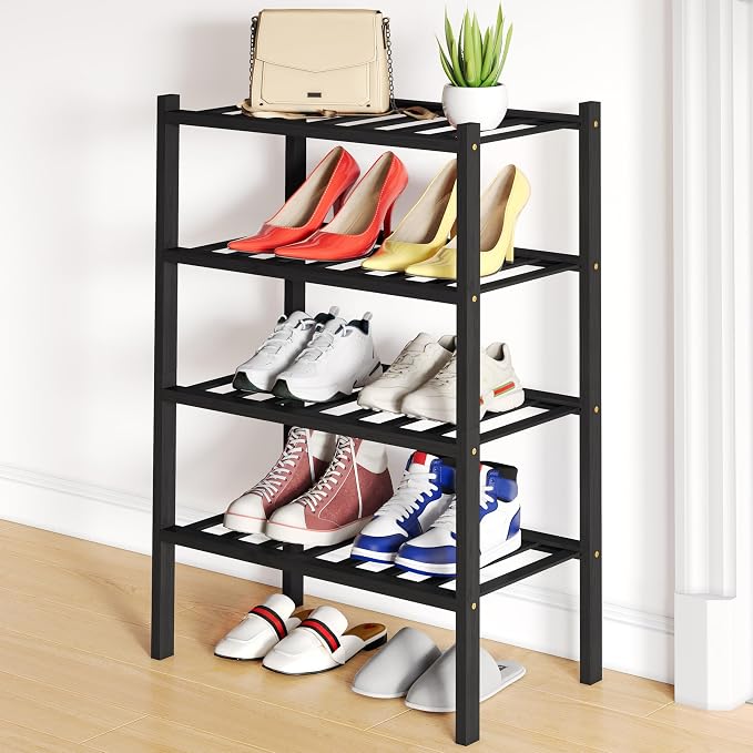 Smiry Bamboo Shoe Rack, 12 Vertical Slats, 4 Tier - 17.3" Wide, Black | Stackable Free Standing Wooden Shoe Organizer, Wood Shoe Storage Shelf for Closet, Entryway
