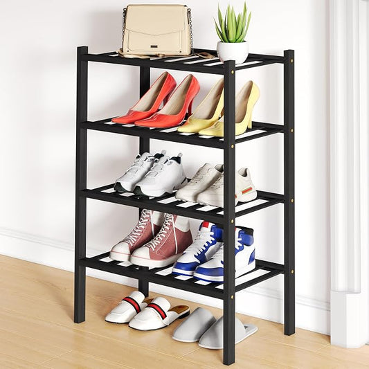 Smiry Bamboo Shoe Rack, 12 Vertical Slats, 4 Tier - 17.3" Wide, Black | Stackable Free Standing Wooden Shoe Organizer, Wood Shoe Storage Shelf for Closet, Entryway