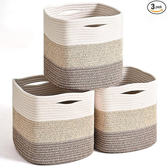 ICERZCZ 13 Inch Cube Closet Storage Bins, Woven Cotton Rope Organizer Baskets for Organizing & Shelves, Books, Towels, Clothes, Toys, 13x13x13 in, Gradient Brown (Pack of 3)