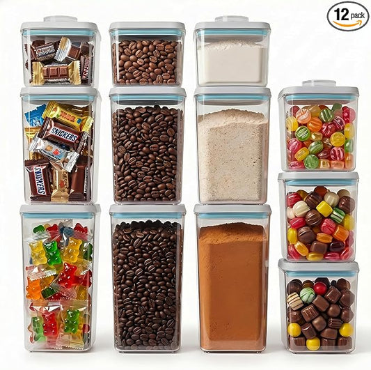 12 Pcs Pop Airtight Food Storage Containers with Lids Stackable Containers for Kitchen Pantry Organization Ideal for Cereal Snacks Flour Sugar Coffee and Spaghetti, 3.4Qt, 2.8Qt, 2.1Qt, 1.2Qt