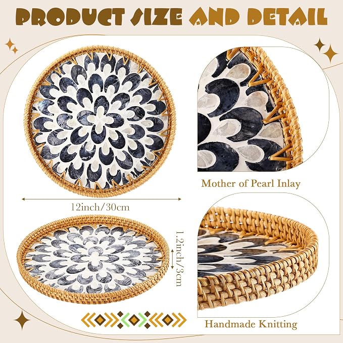 3 Pcs Round Rattan Tray with Mother of Pearl Inlay Wicker Serving Tray with Wooden Base Boho Decorative Wicker Basket for Table Decor Bathroom Candle Perfume(Modern Style)