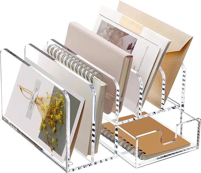 Acrylic Mail Sorter Desk Organizer Holder with Drawer, 5 Compartments Clear | Small File Script Letter Document Storage for Desk Bill Filling Envelope Holder Office, Home, School Organization