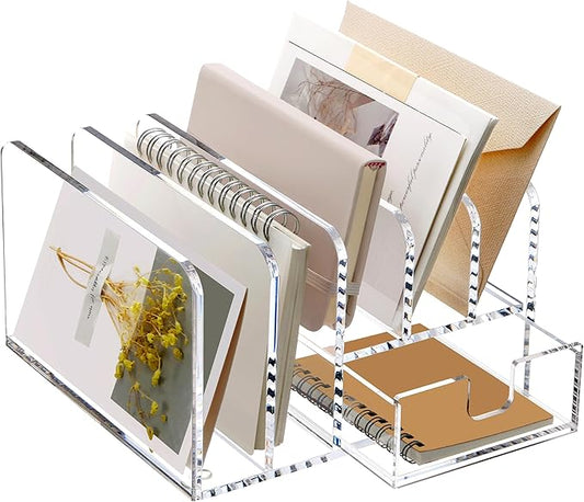 Acrylic Mail Sorter Desk Organizer Holder with Drawer, 5 Compartments Clear | Small File Script Letter Document Storage for Desk Bill Filling Envelope Holder Office, Home, School Organization