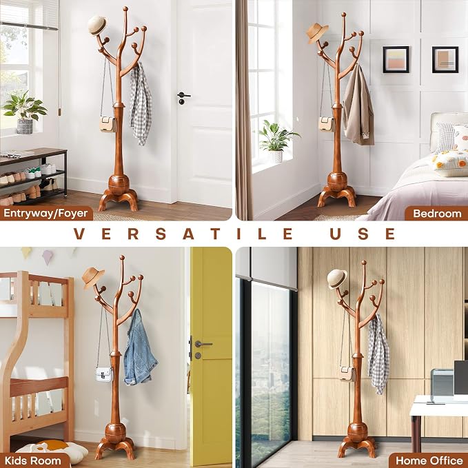 Coat Rack Freestanding Wood Coat Tree with Stable Sphere Base, Light Brown | 8 Hooks Tree Branch Design, Heavy Duty Standing Coat Hanger for Entryway, Hallway, Bedroom, Foyer; Hangs Coats, Hats, Bags
