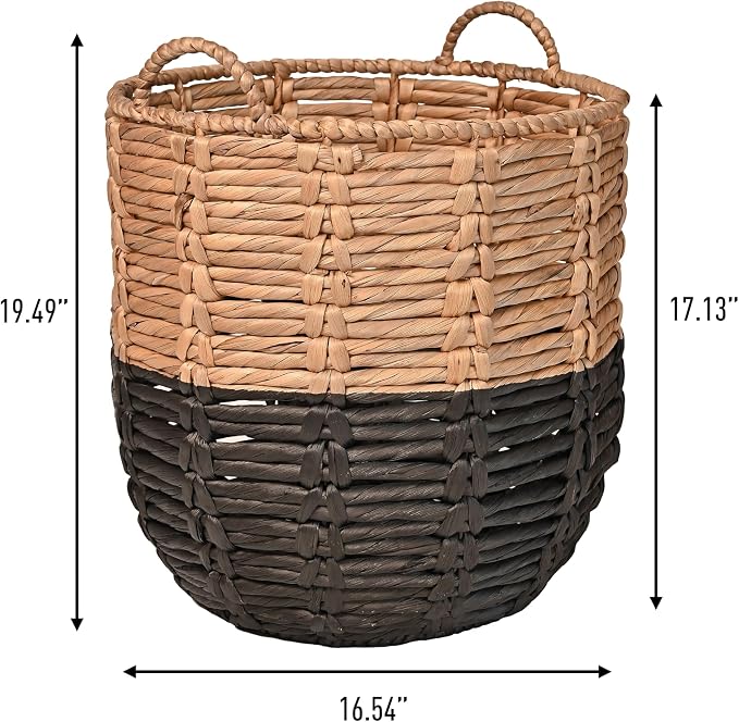 happimess Laurel Hand-Woven Abaca Storage Basket 19", Natural/Black | Wicker Seagrass Container with Handles for Decoration, Laundry Room Entryway Hamper, 22 Pounds Capacity, Braided Accents
