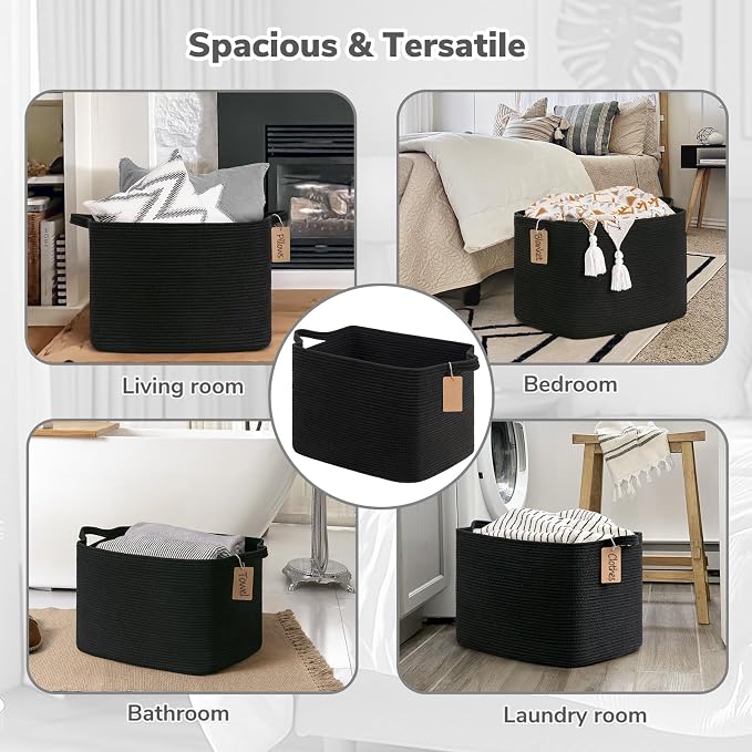 Goodpick Large Rectangle Cotton Rope Basket with Handles, Black | 50L, 18 × 14 × 12 in, Soft Woven, Blankets, Toys & Home Essentials Storage, Living Room, Bedroom & Nursery Organization