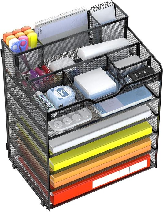 Docnest 6 Tier Mesh Desk Organizer with Letter Tray & Paper Sorter, Black | Features 3 built-in pen holders & 5 adjustable compartments on top. Includes 4 non-slip rubber feet for desk protection