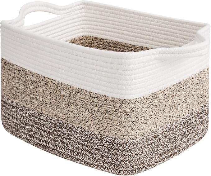 Goodpick Woven Storage Basket for Shelves, 13" x 10" x 9", Gradient Brown | Rectangle Design, Books, Dog Toys & Towels Storage, Shelf & Closet Organization, Reinforced Handles, Stylish Home Decor