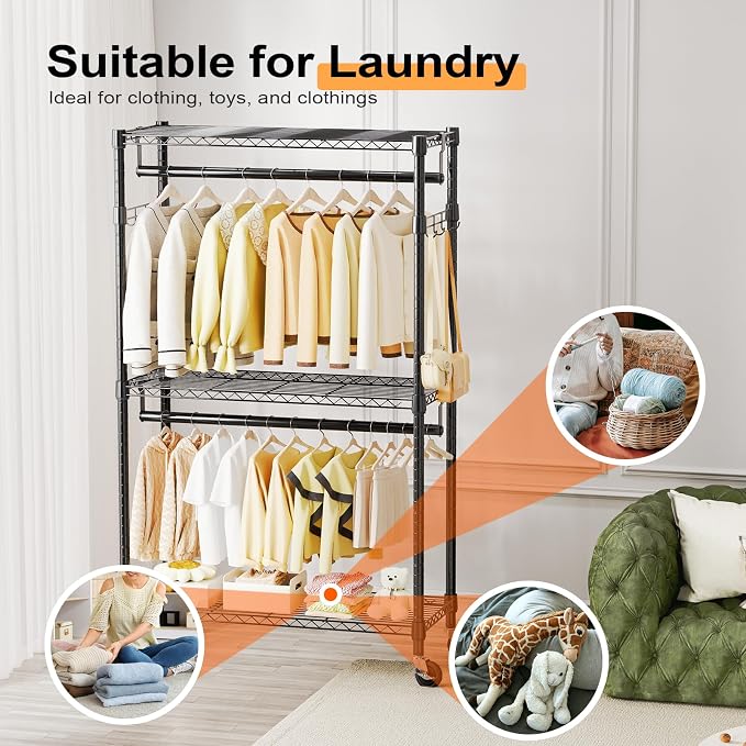 M MZG Heavy Duty Rolling Garment Rack 3 Tiers Adjustable Wire Shelving Clothes Rack with 2 Rods and Side Hooks,Storage Closet Clothing Rack with Wheels Black 15.7" D x 29.5" W x 74.5" H