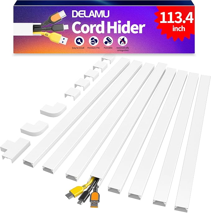 Delamu Cord Covers for Wires on Wall, 113.4in TV Cord Hider, Self-adhesive Cable Hider Cable Cover Raceway, Paintable Wire Hider Wire Covers for Cords, Hide Cords Wall Mounted Tv, W0.95×H0.55in, White