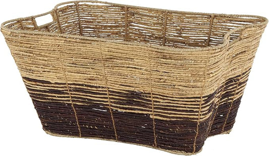 Deco 79 Seagrass Handmade Decorative and Functional Storage Basket Oversized Color Block Basket Organizer with Slot Handles, Basket for Storage 30" x 20" x 15", Brown
