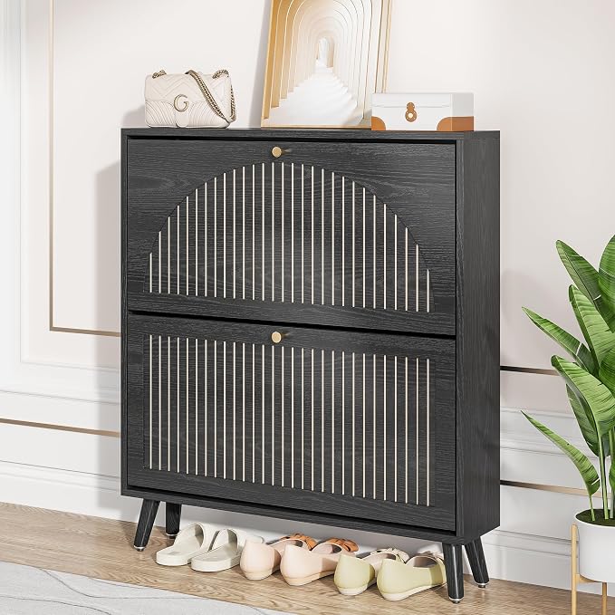 Fsbecl Shoe Storage Cabinet for Entryway with 2 Flip Drawers, Narrow Wood Shoe Cabinet with Fluted Panel, Freestanding Hidden Shoe Organizer for Hallway