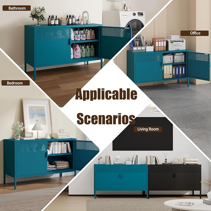 Metal Storage Cabinet with 2 Doors & Adjustable Shelves, Blue | 25"H Accent Cabinet, Metal Locker Storage Cabinets, TV Stand Cabinet for Home, Office, Living Room, Entryway