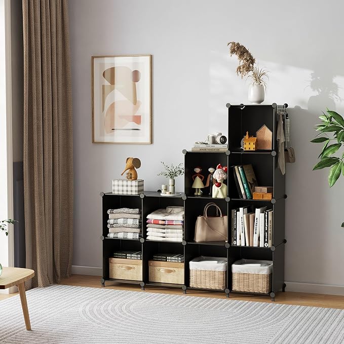 AWTATOS 8 Cube Storage Organizer, Closet Organizer Storage Shelf, Black | DIY Stackable Storage Cubes Shelves for Closet, Bookcase Bookshelf, Plastic Shelving for Bedroom, Home Office
