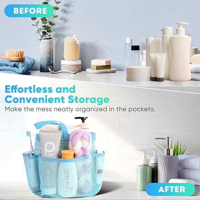 EUDELE 2 Pack Mesh Shower Caddy Portable for College Dorm Room Essentials, Shower Caddy Dorm with 8-Pocket Large Capacity,Shower Bag for Beach,Swimming,Gym All Black+All Ice Blue