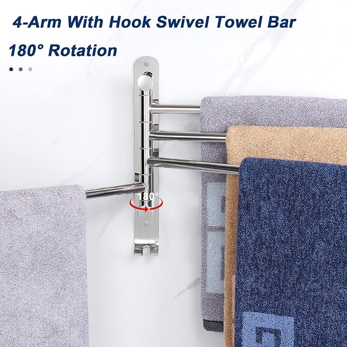 NearMoon Swivel Towel Rack, 13.8" Thicken 304 Stainless Steel 4-Arm Towel Bar, Space Saving Wall Mounted Towel Holder with Hook, Rustproof Swing Out Towel Hanger for Bathroom, Kitchen (Chrome Finish)