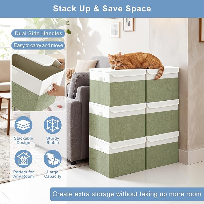 Large 17" 42 Quarts Collapsible Stackable Storage Bins with Lids [3-Pack] Foldable Fabric Linen Storage Boxes Cube, Closet Organizer Baskets with Label for Home (16.7 x 12 x 12", Green & White)