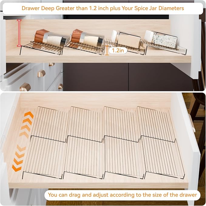 4 Pack Adjustable Narrow In Drawer Spice Organizer - Expandable From 9'' to 17.7'' - Acrylic Drawer Seasoning Organizer,Clear Spice Drawer Insert Tray for Drawers Condiment,Jar Organization