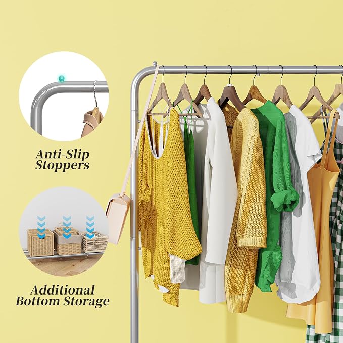 Simple Trending Standard Clothes Clothing Garment Rack with Storage Shelves, Rolling Clothes Organizer on Wheels for Hanging Clothes, Silver