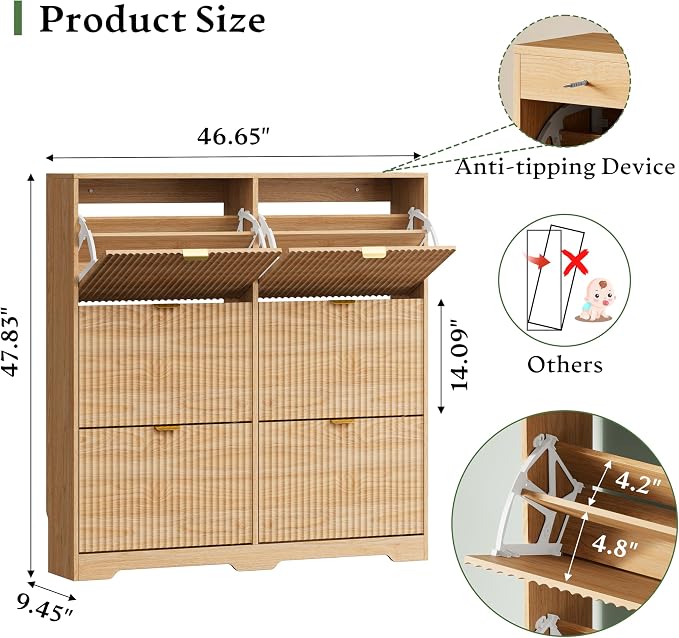 Xixini Shoe Storage Cabinet for Entryway with 6 Flip Drawers, Hidden Slim Wood Shoe Organizer with Modern Fluted Panel, Freestanding Narrow Shoe Rack for Front Door Entrance, Hallway, Foyer, Oak