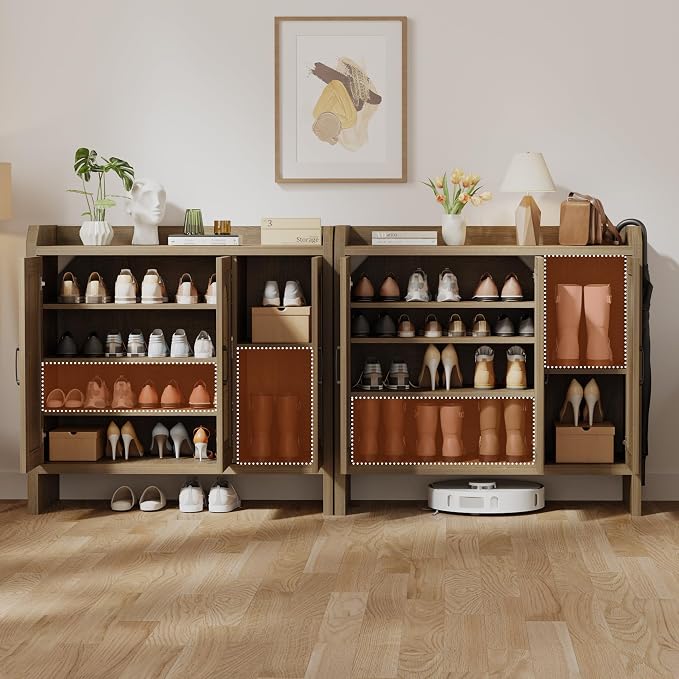 Rattan Shoe Storage Cabinet, Farmhouse Shoe Cabinets Storage for Entryway, Boho Wooden Shoe Rack with 3 Doors for Entryway, Hallway (Natural, 3 Door)