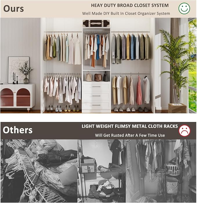 Closet System with 3 Drawers, 5-9FT Modular Organizer | Walk-in Closet Organizer System with 5 Expandable Hanging Rods, 1 Shelves, Wall Mounted Built-in Customized Storage System
