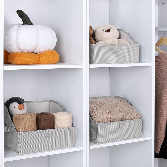 WUIKE Closet Storage Bins with Handles, 3-Pack, Large, Open Front, Greige | Trapezoid Organizing Bins, Fabric Storage Baskets with Handles, Foldable Storage Bins for Clothes, Purses, and Blankets