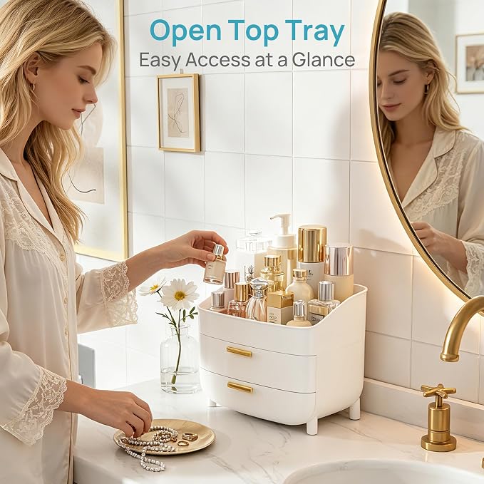 Vtopmart 3-Tier Skincare Makeup Organizer with Drawers, White | For Vanity,Dresser and Bathroom Countertop, Large Cosmetic Storage Box Case, , With Drawer, Non-Slip Base