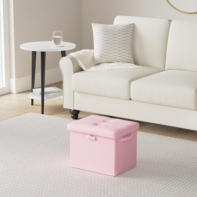 DocSafe Storage Ottoman Foot Rest Stool with Lock ＆ Handles, Fireproof Folding Leather Footstool Bench with Storage Safe for Living Room Bedroom, Home Office, Dorm, 17x13x13in, Pink