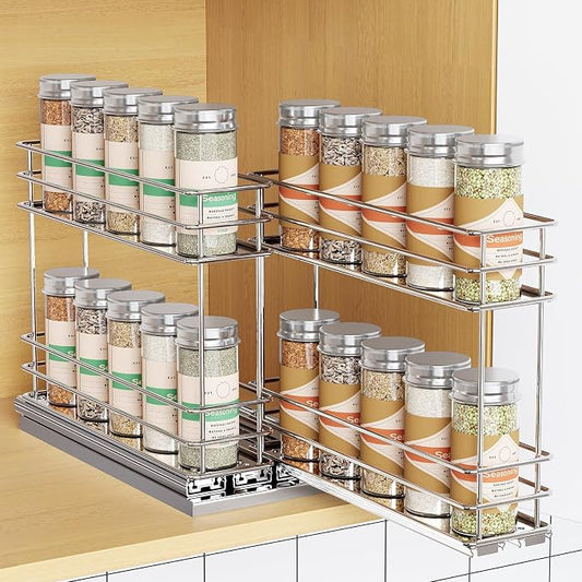 Mystozer Pull Out Spice Rack Organizer for Cabinet, Slide Out Spice Racks, Easy to Install Spice Cabinet Organizers, 5.28" Wx10.43 Dx8.26 H, 2 Drawers 2 Tiers(Silver)