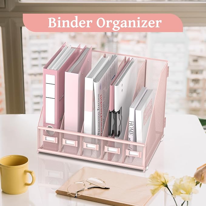 SUPEASY Desk Organizers Metal Desk Magazine File Holder with 5 Vertical Compartments Rack File Organizer for Office Desktop, Classroom, Home Workspace, Pink Plus