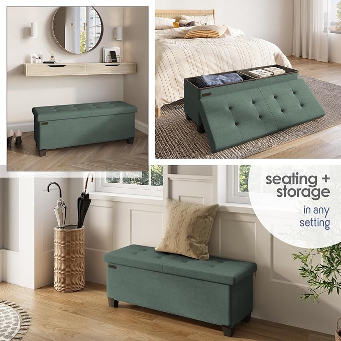 Storage Ottoman Bench with Bins, 43-in Storage Bench for Bedroom End of Bed, Folding Foot Rest Ottoman for Living Room Max 660lbs, Fabric Ottomans, Green