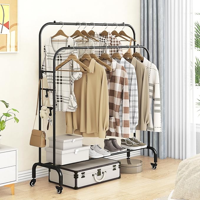 SUOERNUO Clothes Rack with Lockable Wheels Double Rods Metal Garment Racks | Portable Heavy-Duty Clothing Rack with Bottom, Rolling Clothes Shelves for Bedroom Laundry Living Room, Black