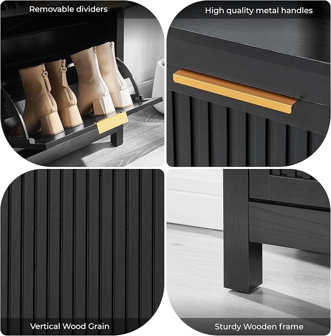 4-Flip Drawer Shoe Cabinet Narrow Entryway Rack, Black | Vertical Wood Grain, Metal Handles, Adjustable Compartments, Removable Shelf, Anti-Tip Device, for Hallway Foyer Entryway