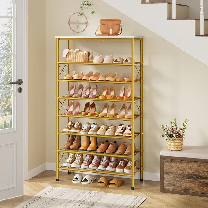 8 Tier Shoe Rack Organizer for 28-32 Pairs of Shoes, White & Gold | Sturdy & Durable, X Shape Fixed Frame, Metal Mesh Shoe Shelf, Industrial, For Closet, For Entryway Shoe Storage