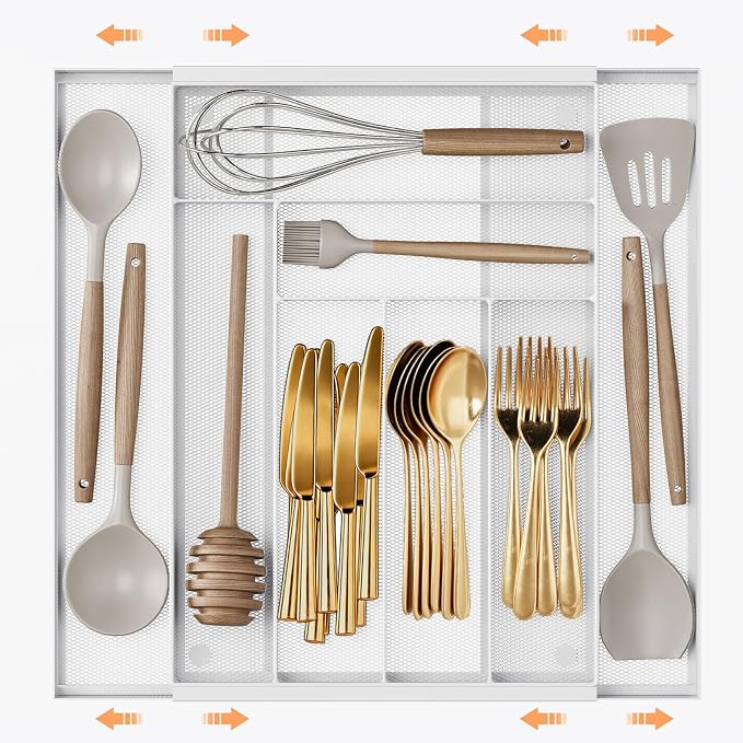 Sedegn Expandable Kitchen Utensil Organizer - 11.6" to 20" Adjustable | Cutlery Tray with 6-8 Compartments - Fits Various Drawer Sizes & Holds Large Ladles Spatulas Forks Spoons & Knives White