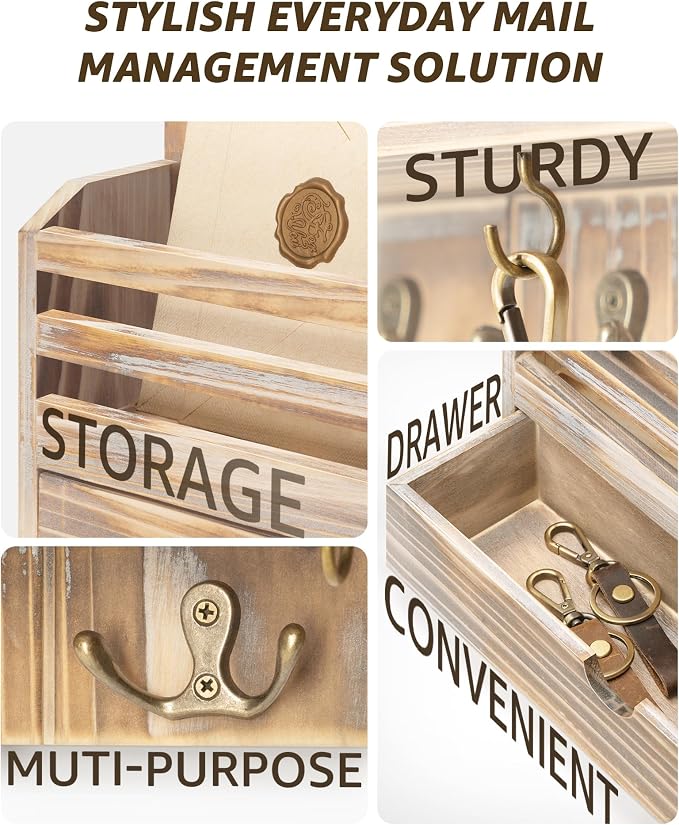 Rebee Vision Farmhouse Mail Organizer Wall Mount for Entryway, Natural Wood | Key and Mail Holder for Wall, 7 Key Hooks, Drawer Organizer, Mail Sorter, Key Hanger, Apartment Essentials, Home Decor