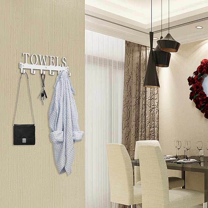 Over The Door Rack, Towel Hooks for Bathroom, Bath Towel Holder Door Mount Metal Towel Hanger for Bedroom Kitchen Pool Beach Towels Bathrobe Wall Mount Towel Rack for Bathrooms (6 Hooks, White)